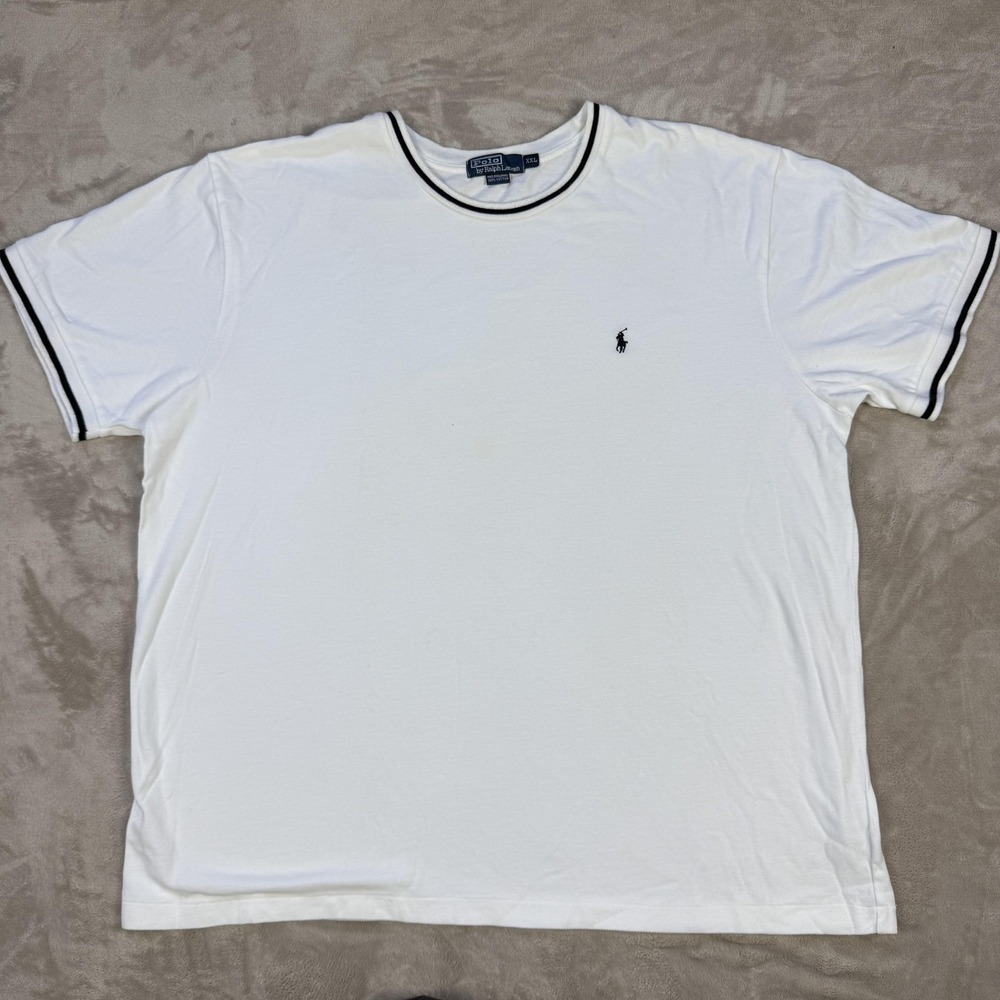 Polo Ralph Lauren Shirt Mens 2XL White Cotton Ringer Crewneck Tee Logo Casual